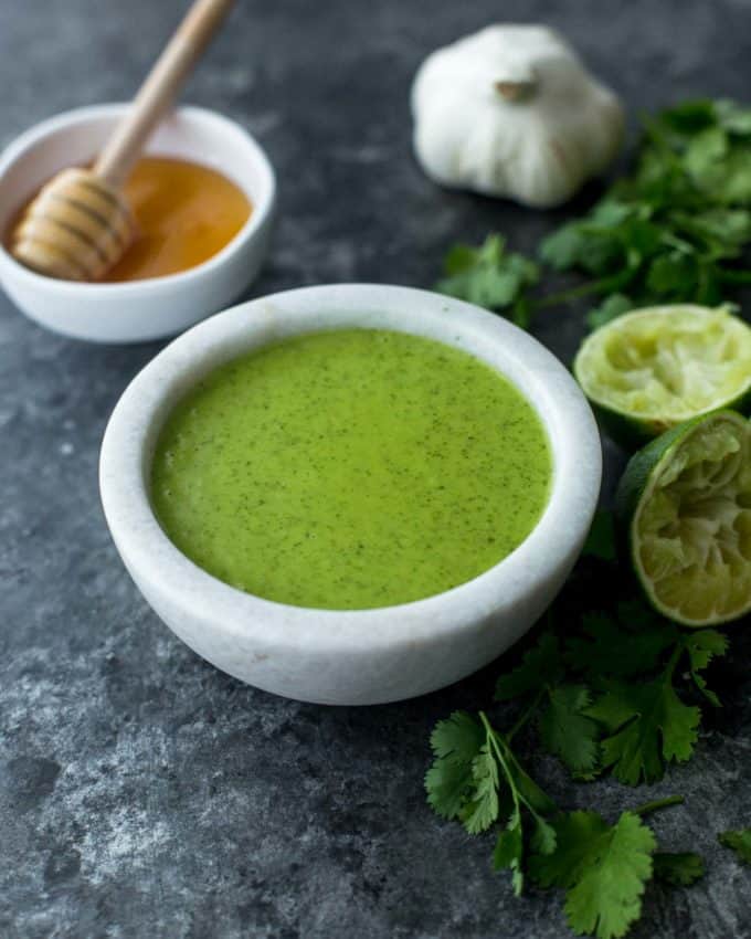 Cilantro Lime Vinaigrette in a small white bowl