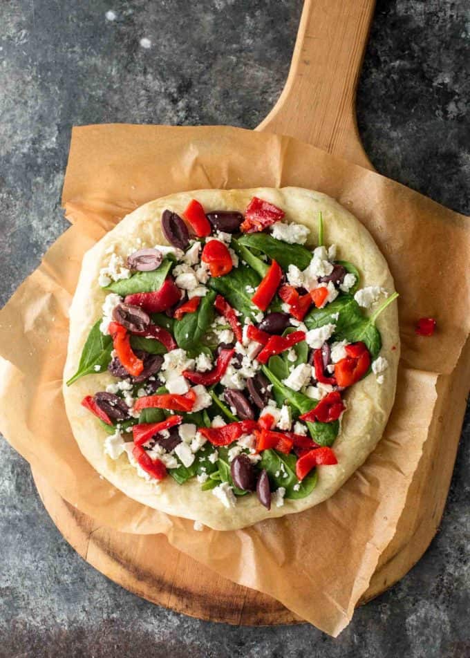 Greek Pizza with Feta, Spinach and Olives