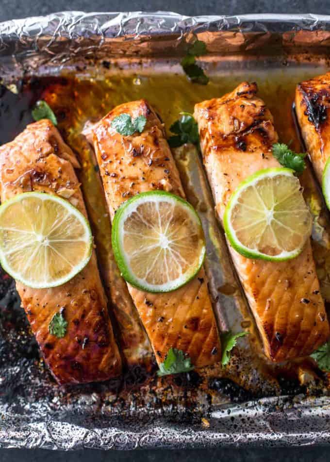 honey lime salmon on a foil lined sheet pan