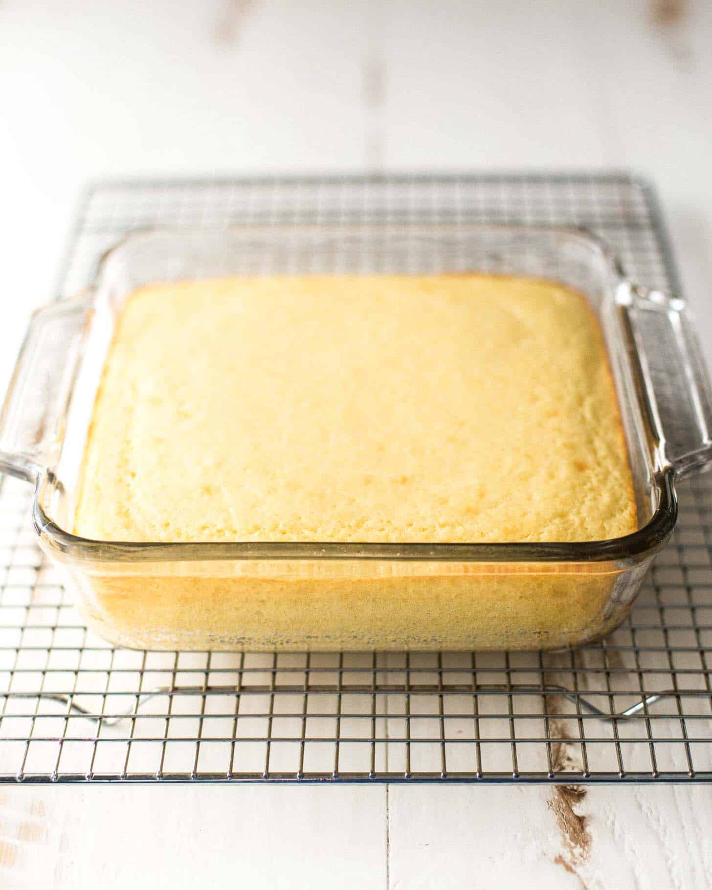 semolina yogurt cake in a clear baking dish on a cooling rack