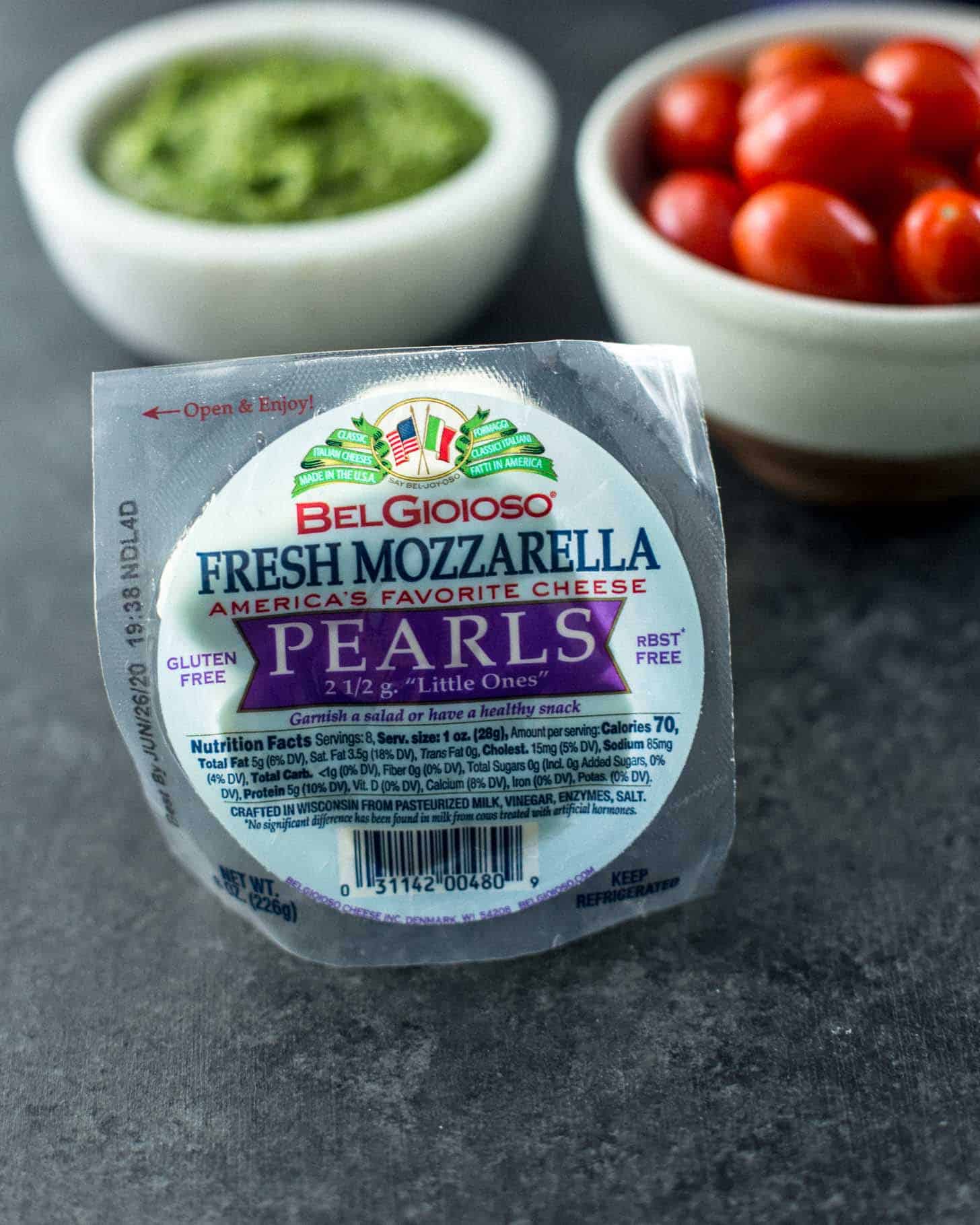 Mozzarella pearls in a clear package