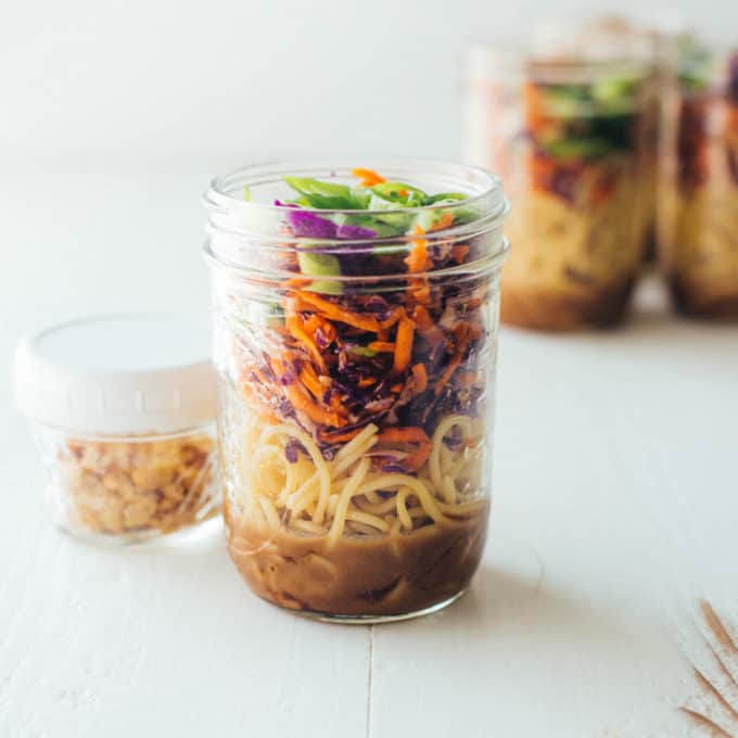 Mason Jar Sesame Noodles on a white table