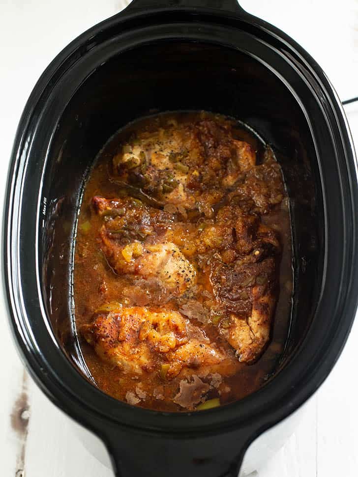 cooked hawaiian chicken in a slow cooker