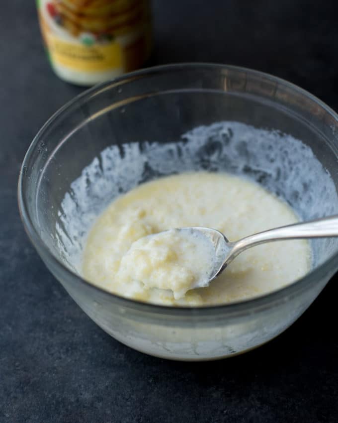 drop biscuit mix in a bowl