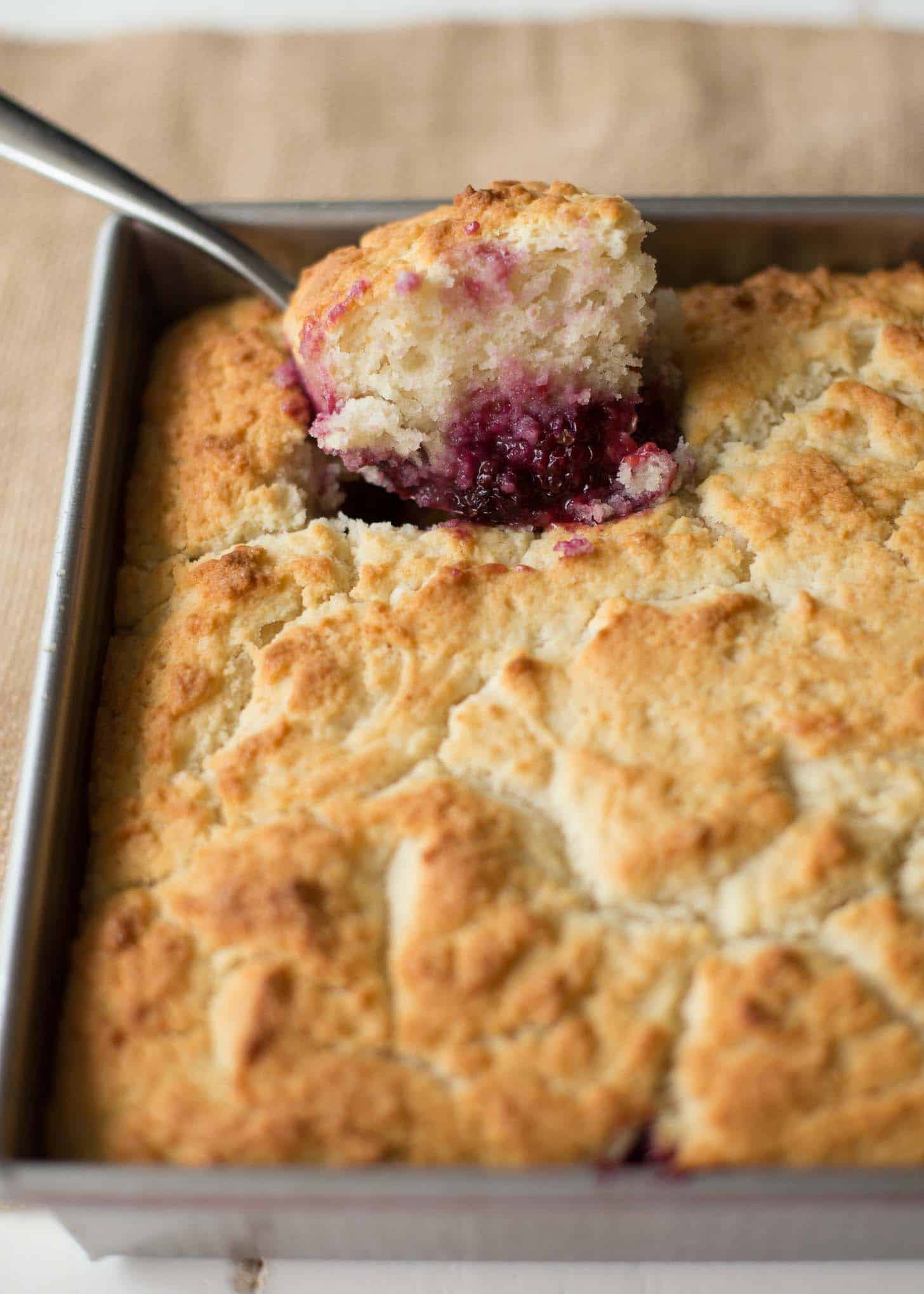 a spoonful of berry cobbler from a pan full of cobbler