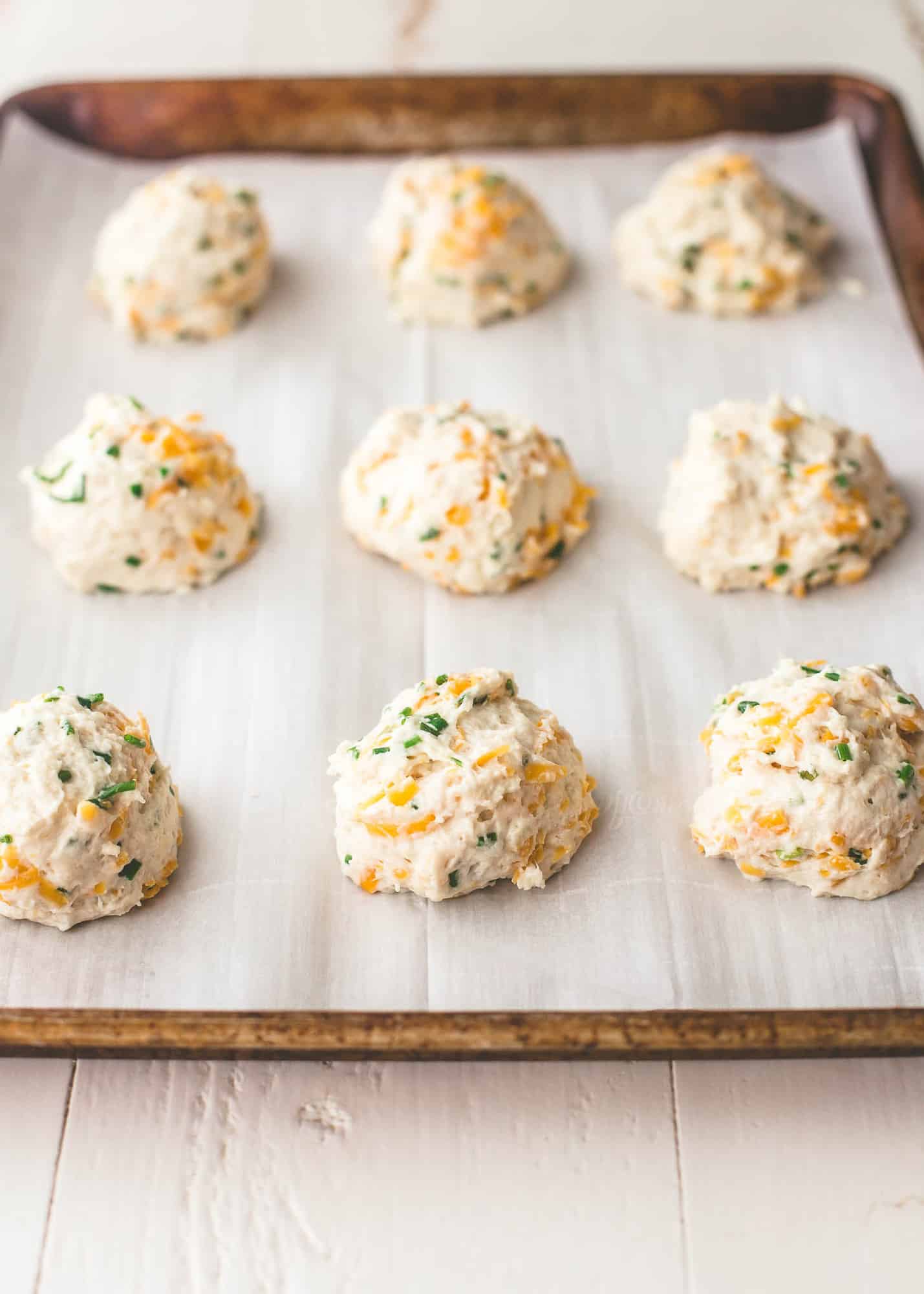cheddar drop biscuits ready for the oven