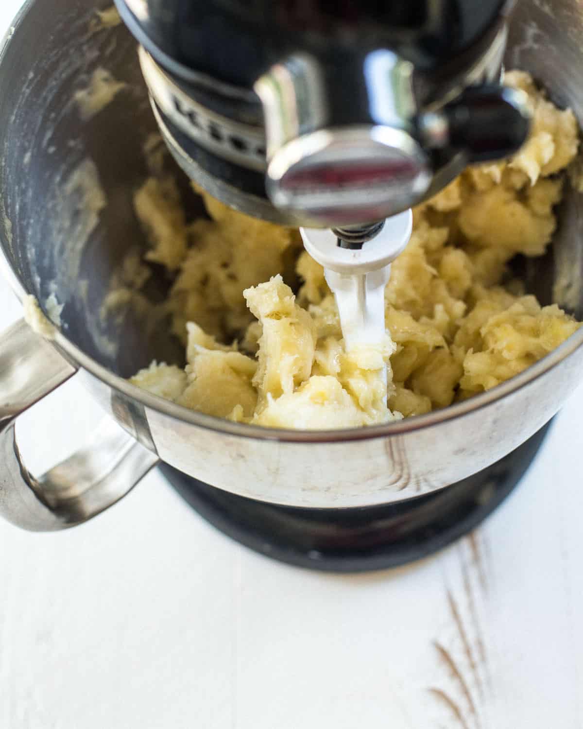 mashing bananas in the standing mixer