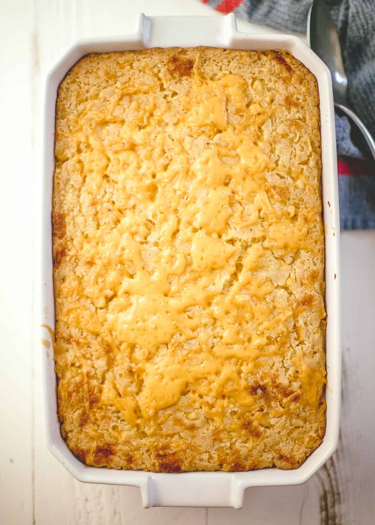 corn casserole in a white backing dish