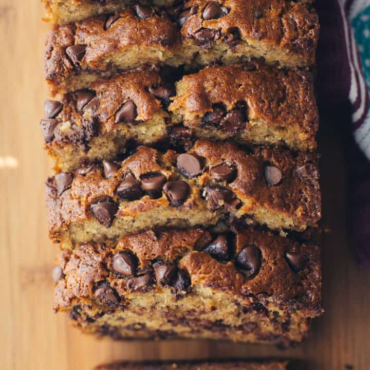 slices of easy, moist banana bread with chocolate chips