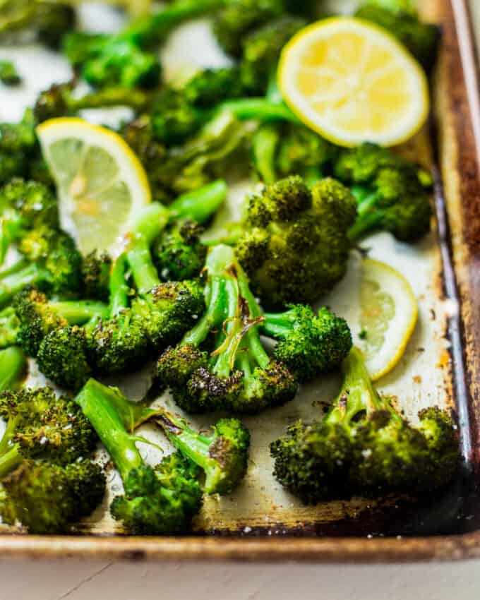 roasted broccoli on a sheet pan