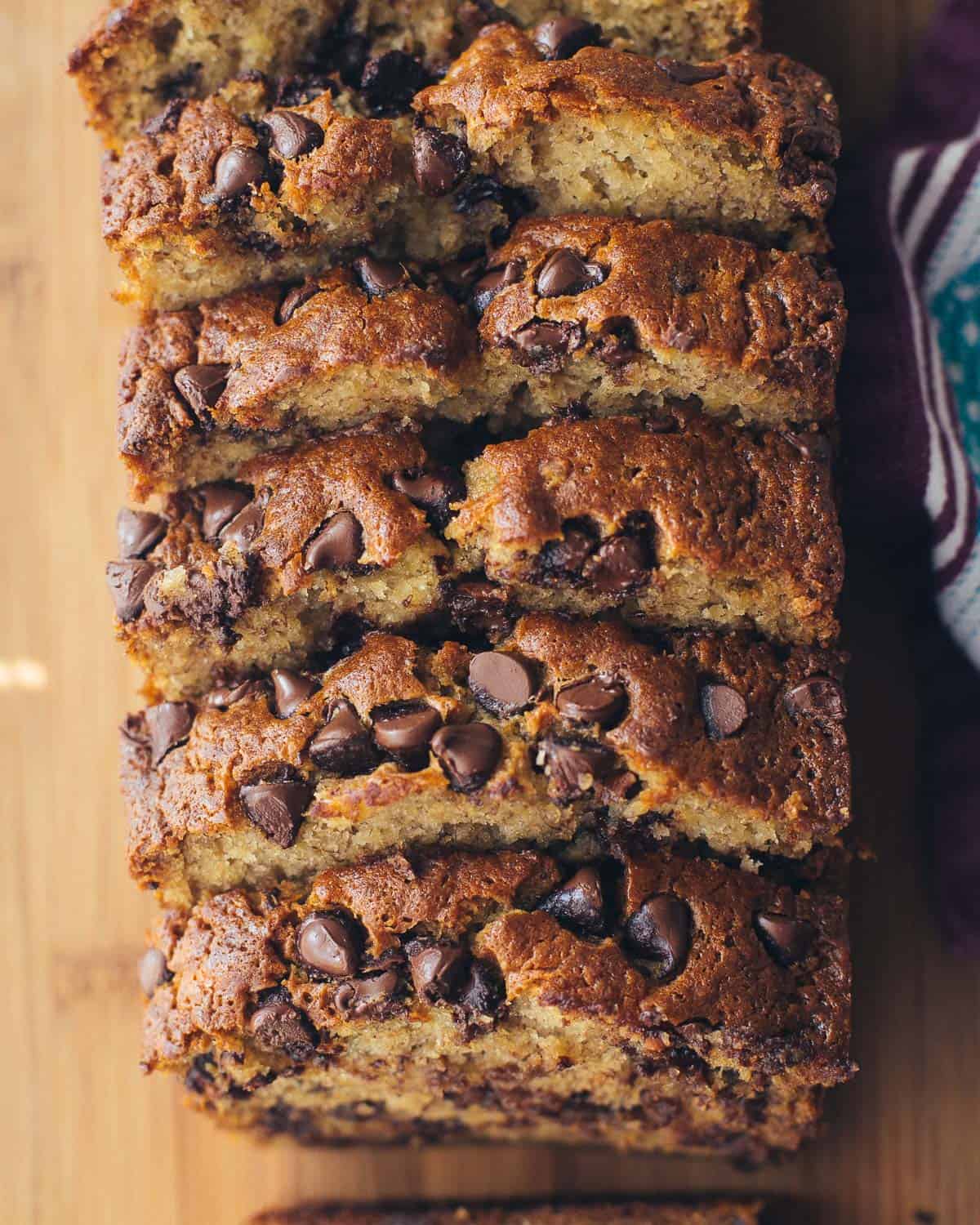 overhead image of banana bread slices with chocolate chips