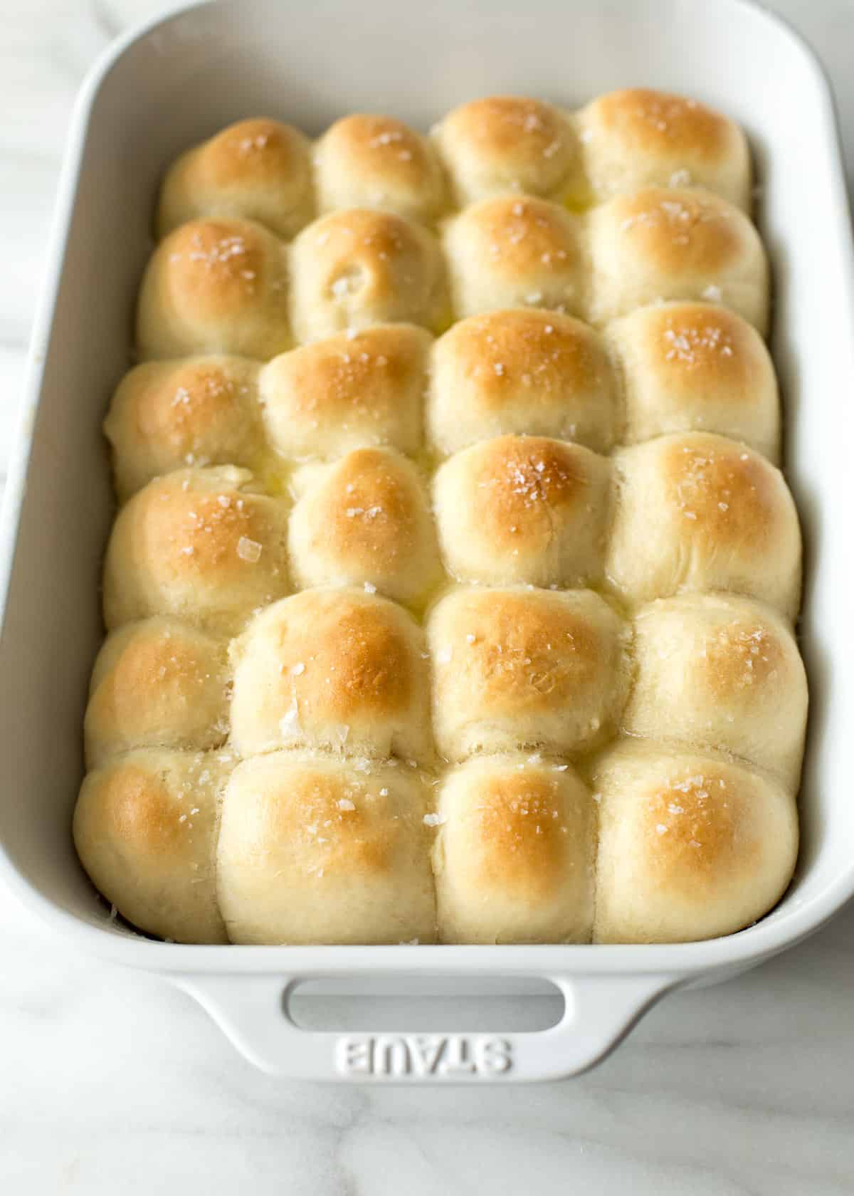 pan of dinner rolls in a baking dish