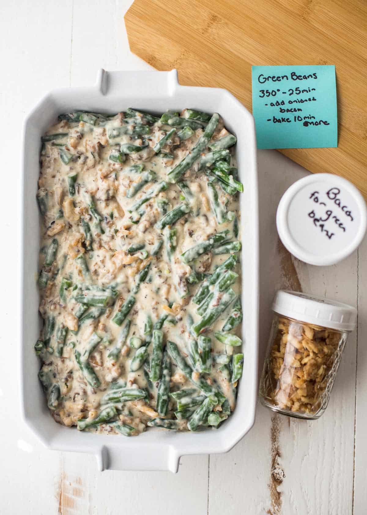 green bean casserole in a baking dish