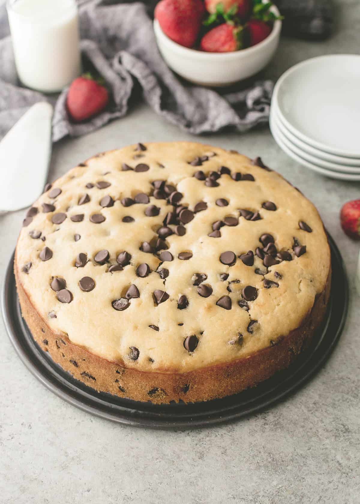 uncut round chocolate chip ricotta cake on a black plate