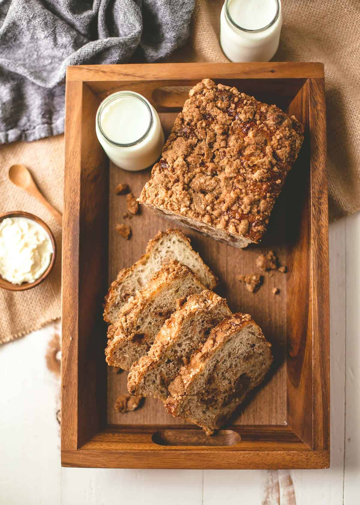 cinnamon crunch bread slices on a wooden tray