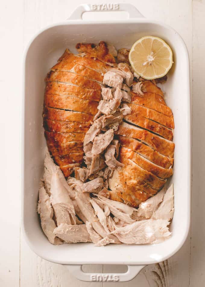 roasted turkey slices in a baking dish