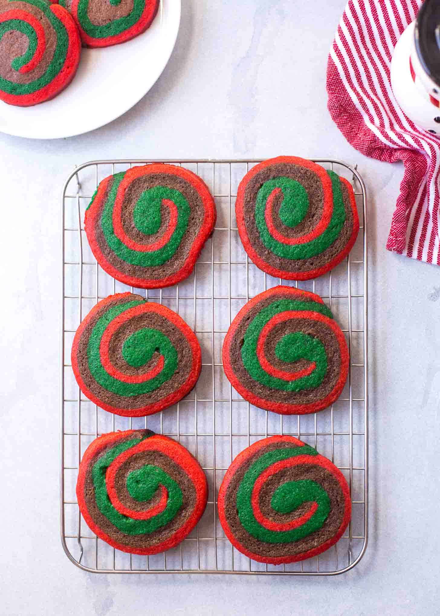 chocolate mint pinwheel cookies on a wire rack