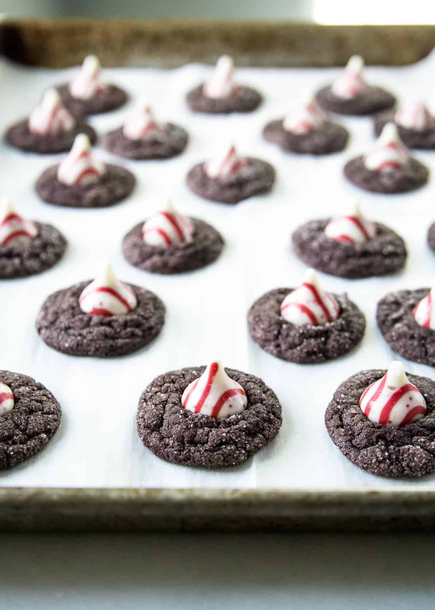 chocolate peppermint blossoms on a sheet pan