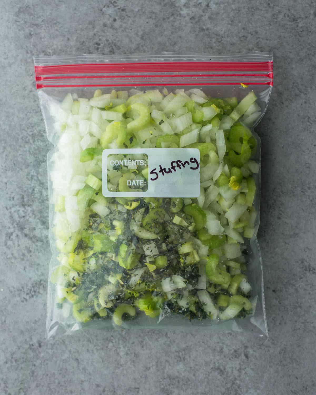cooked celery, herbs and onion in a large freezer bag