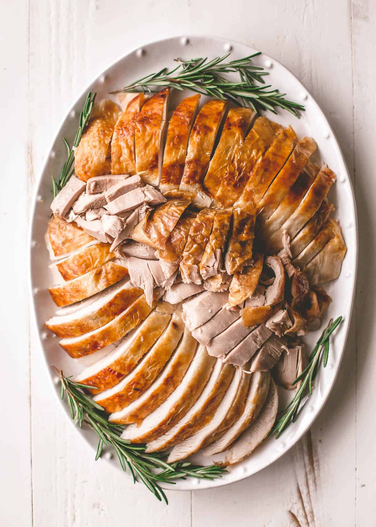 sliced turkey on a white tray