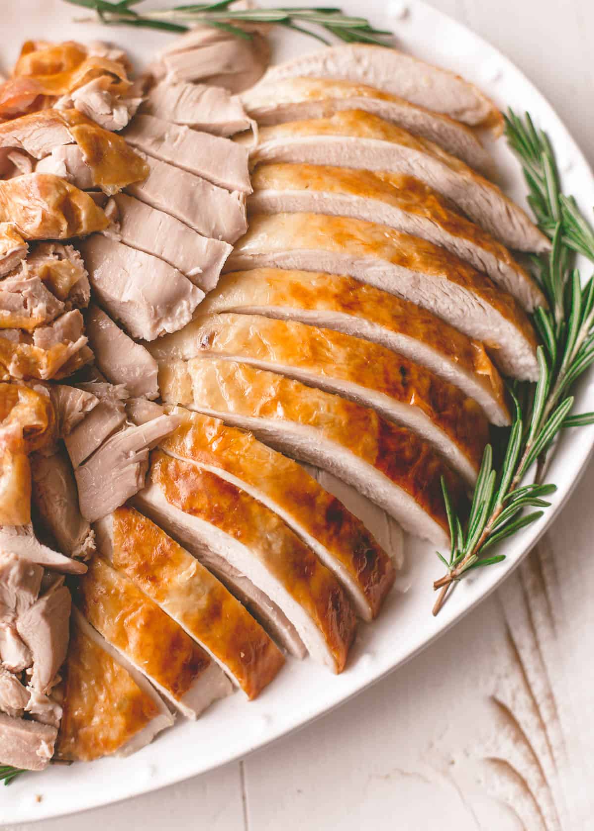 overhead image of turkey slices on a white tray