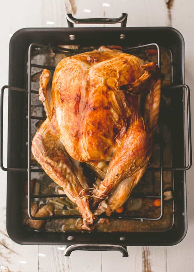 roasted turkey on a roasting rack