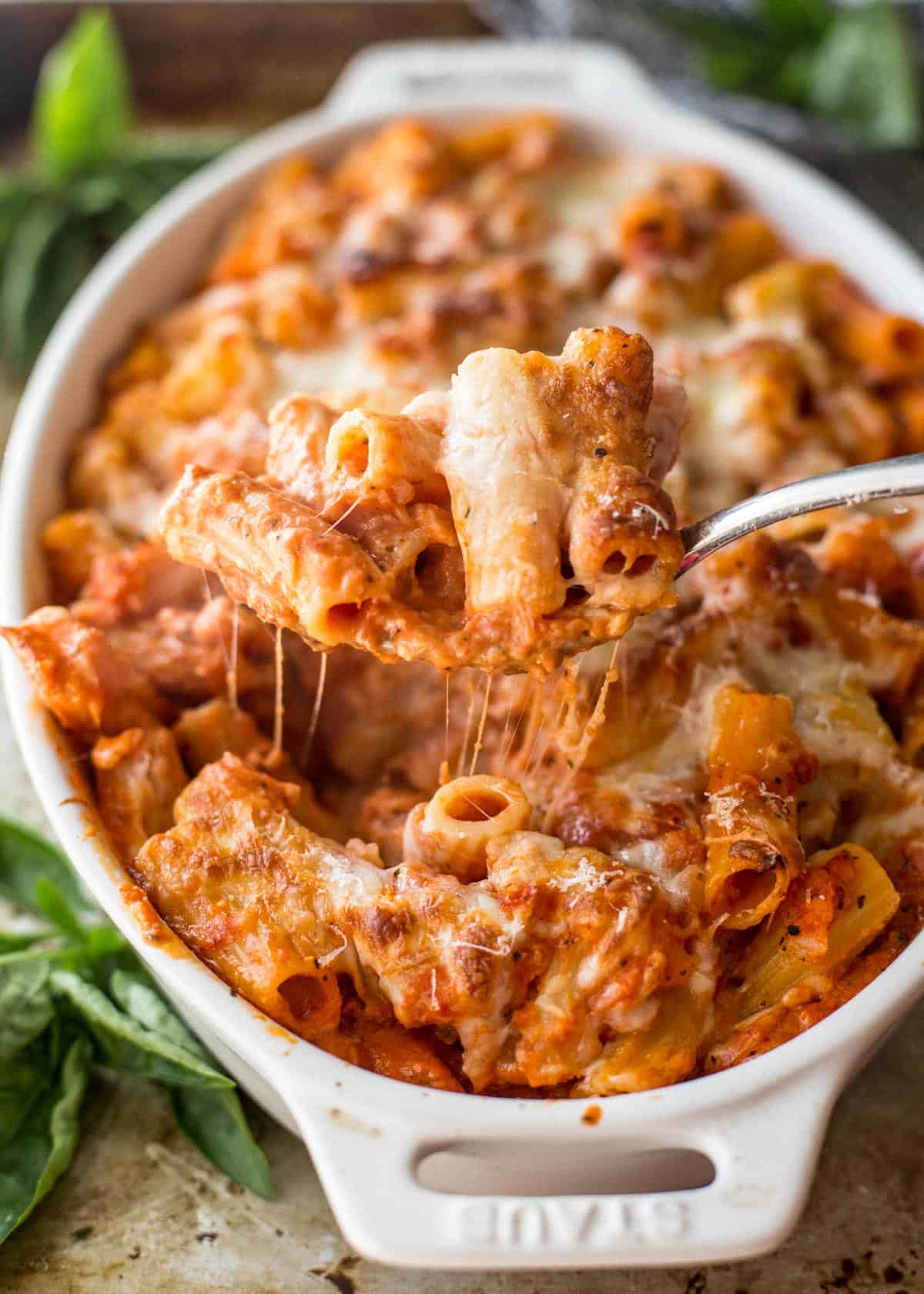 cauliflower baked ziti in a white baking dish