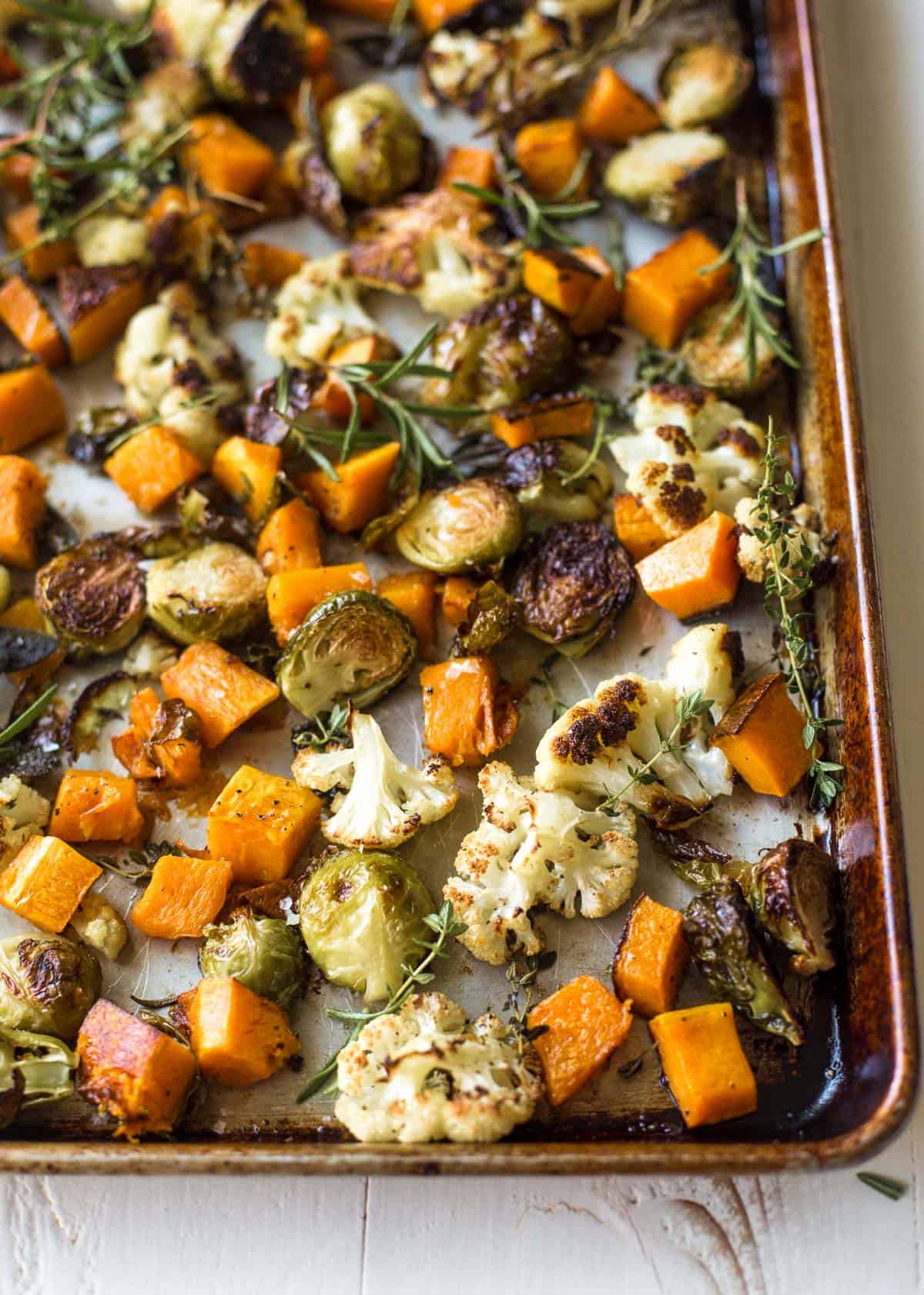 roasted vegetables on a sheet pan