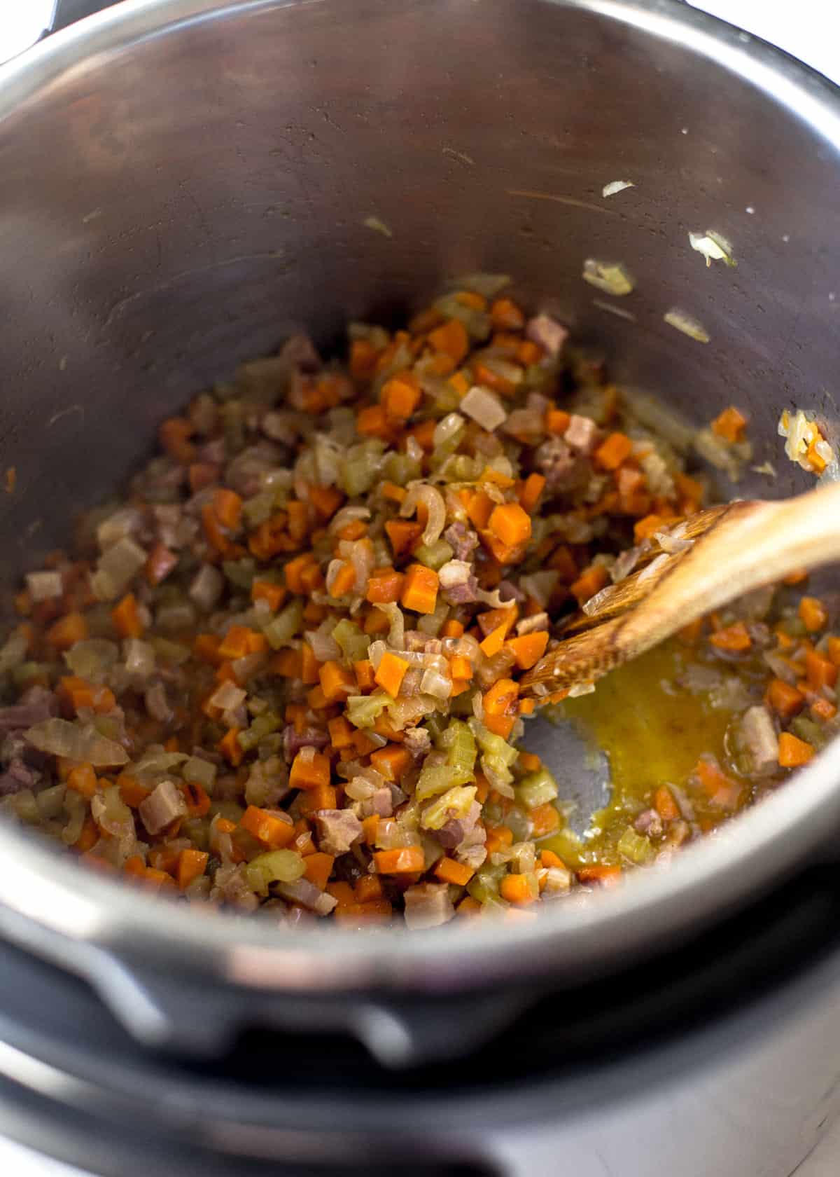 cooking vegetables in a stock pot