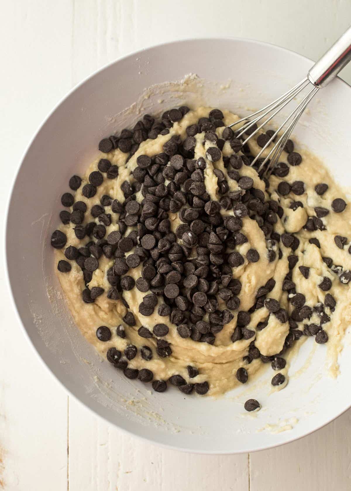 overhead image of mixing chocolate chips into muffin batter