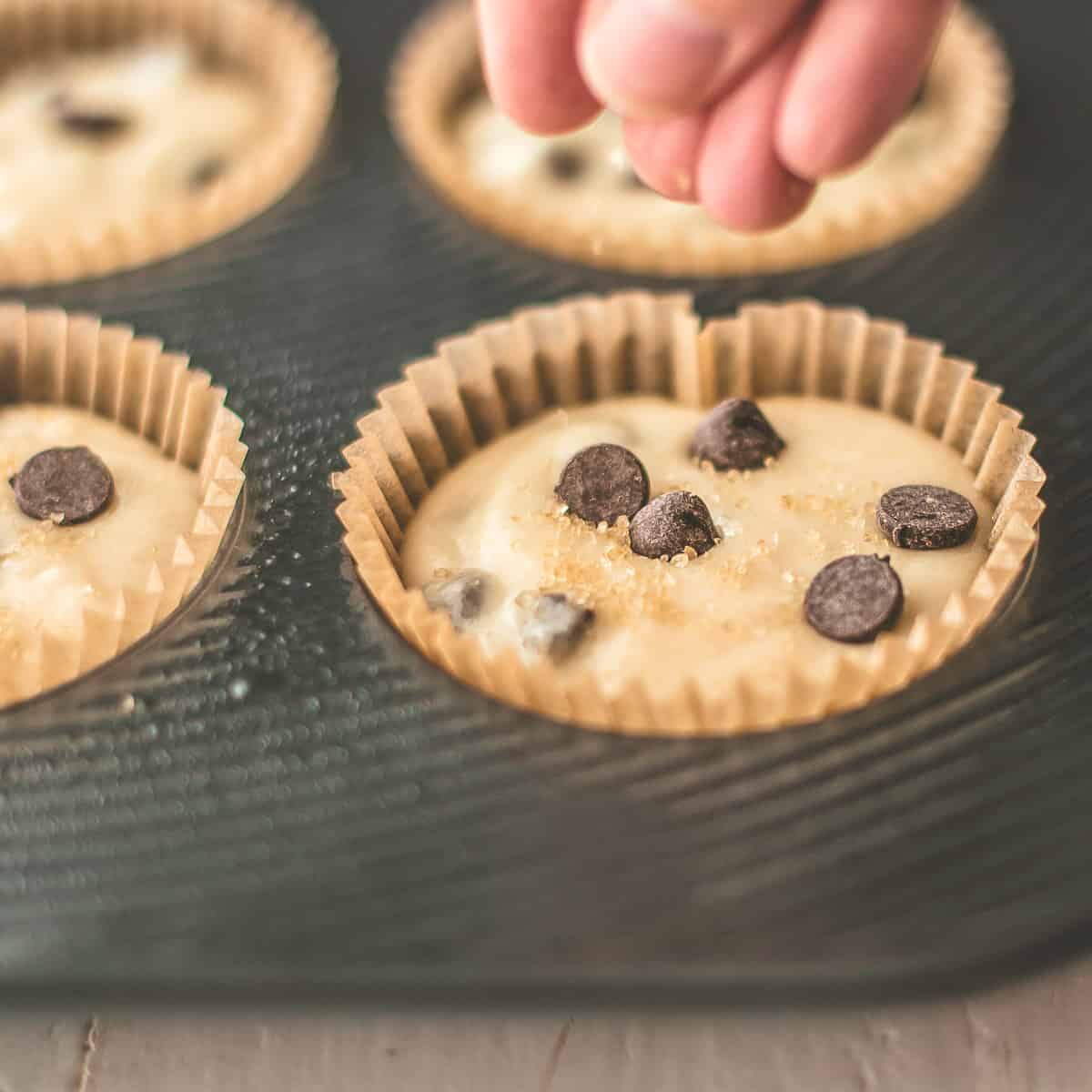 adding turbinado sugar to top of muffins in a muffin tin