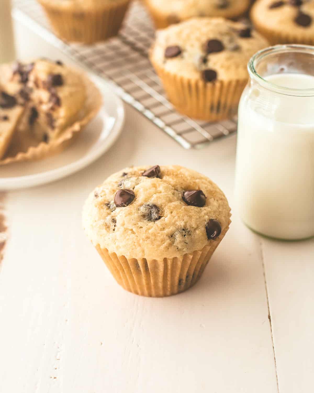 a chocolate chip muffin on a white table