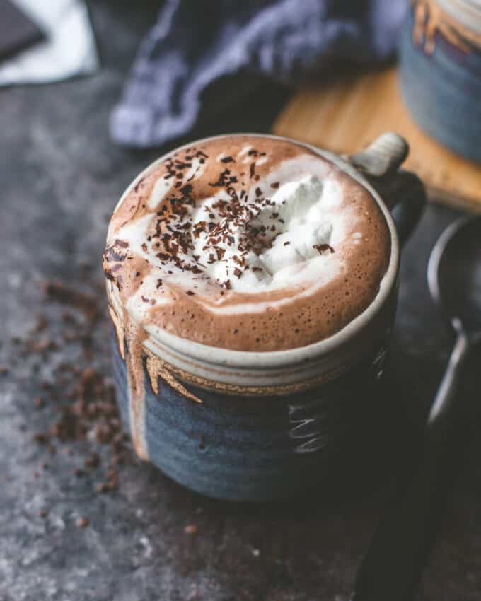hot chocolate in a blue mug