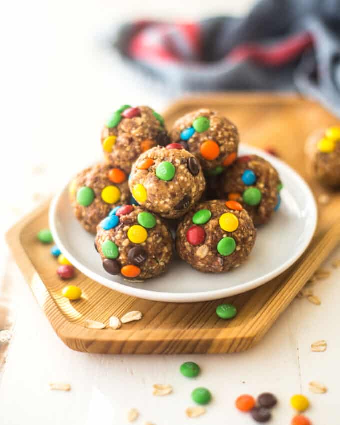cookie dough energy bites on a white plate