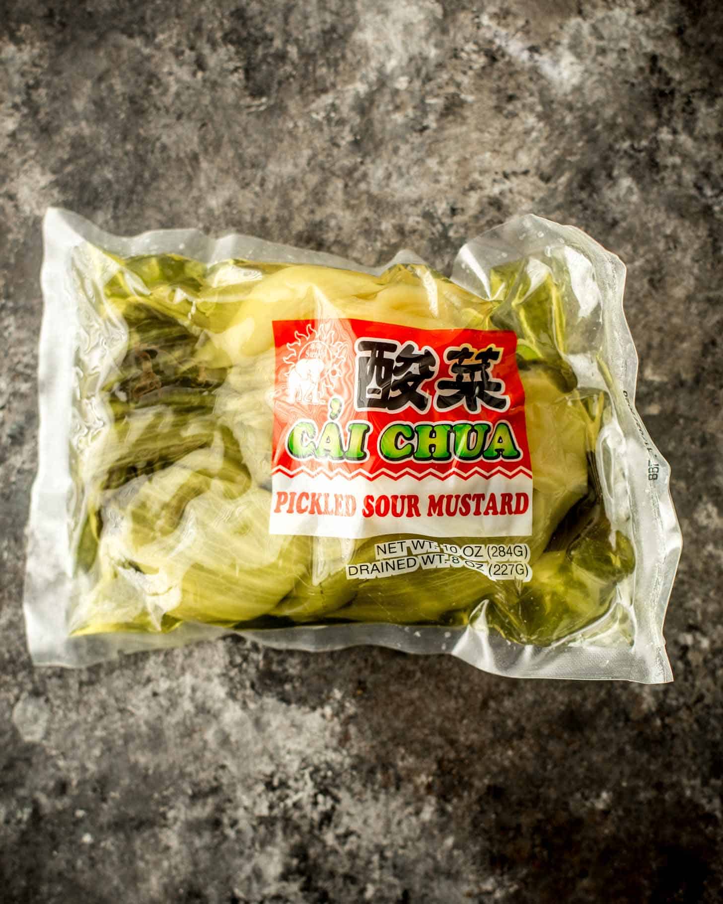 a package of pickled mustard greens