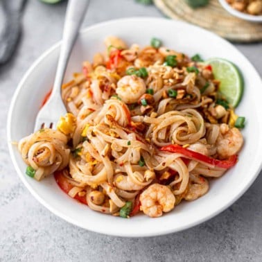 square image of easy pad Thai in white bowl