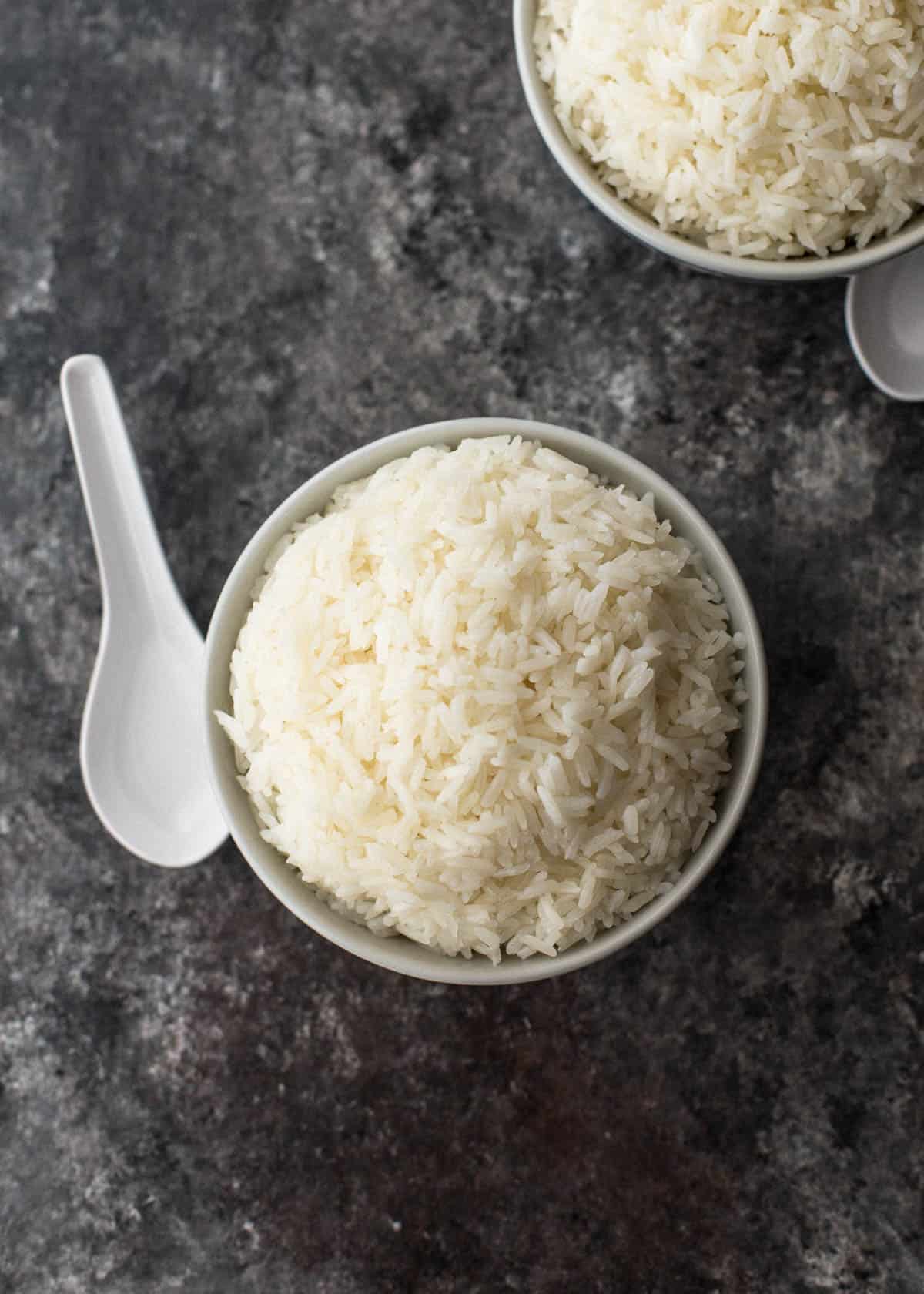 rice in a bowl on a grey countertop
