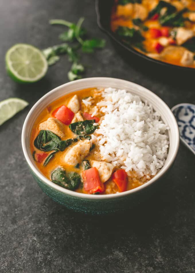 coconut chicken curry in a bowl on a grey countertop