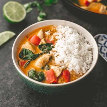chicken curry over rice in a green and white bowl