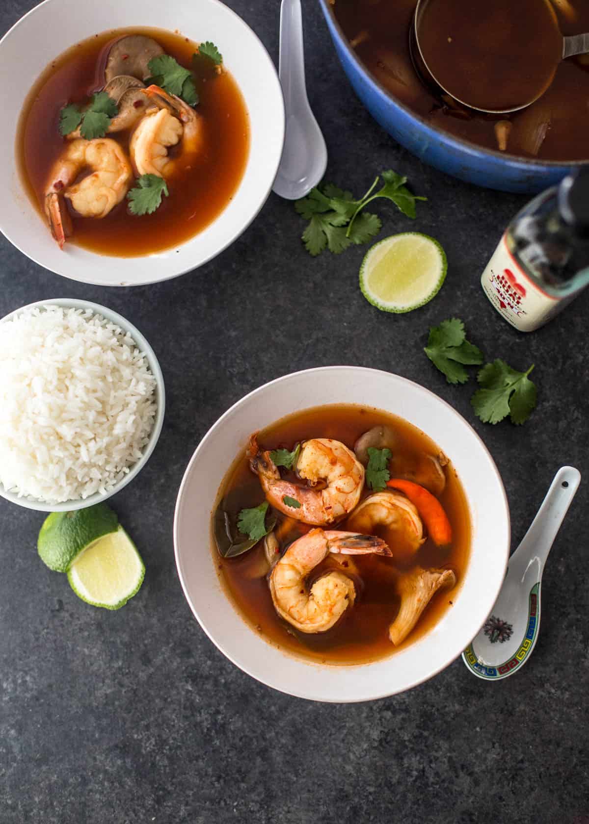 Thai shrimp soup in white bowls