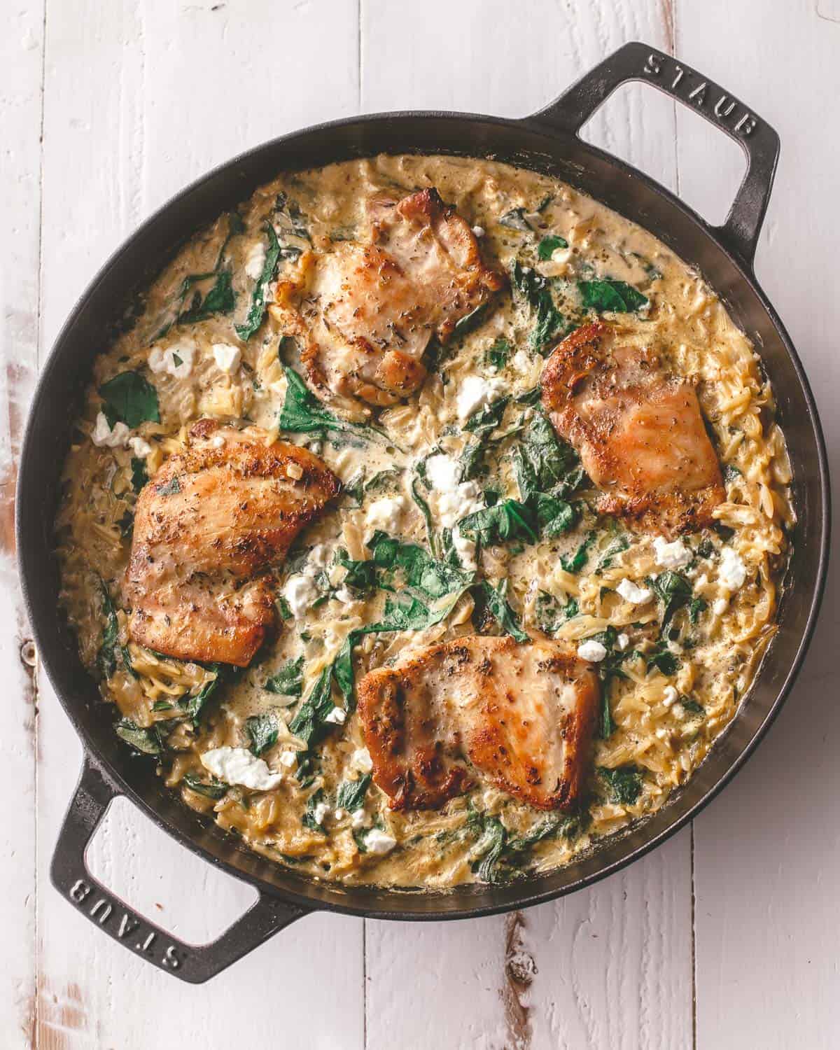 One Pan Chicken and Orzo with Spinach