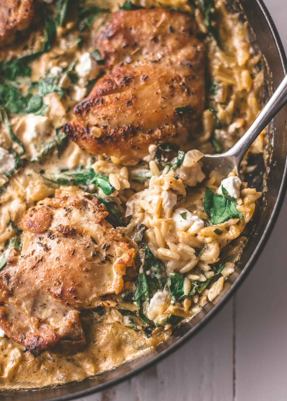 One Pan Chicken and Orzo with Spinach