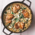 orzo and chicken in a dutch oven