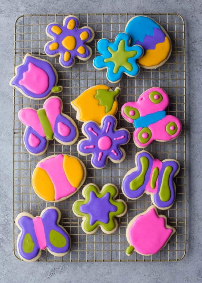 decorated sugar cookies on a cooling rack