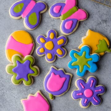 decorated sugar cookies on a grey countertop