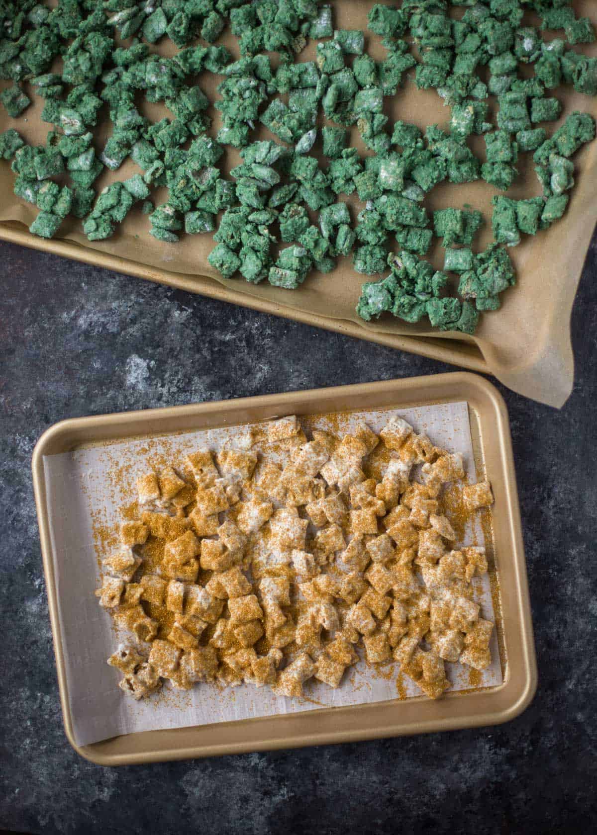 green and gold puppy chow on sheet pans
