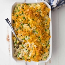 tuna casserole in a white baking dish