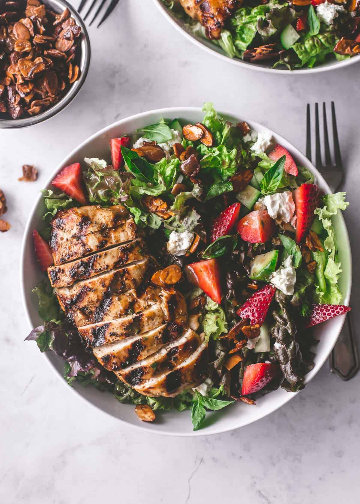 overhead image of salad in a white bowl