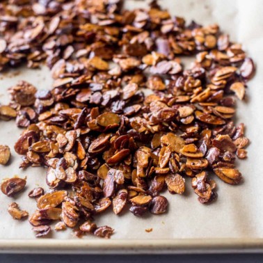almonds on a parchment lined sheet pan