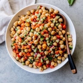 chickpeas and vegetables in a white bowl